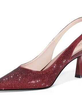 Women's Burgundy Kitten Heels Low Heel Dress Shoes Rhinestone Pointed Toe
